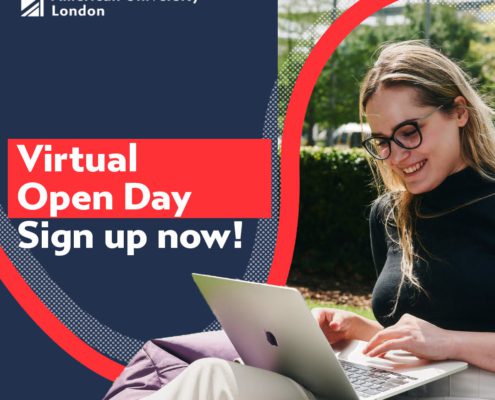 An advertisement for Richmond American University London's Virtual Open Day featuring a smiling person using a laptop, with a call-to-action to sign up now.
