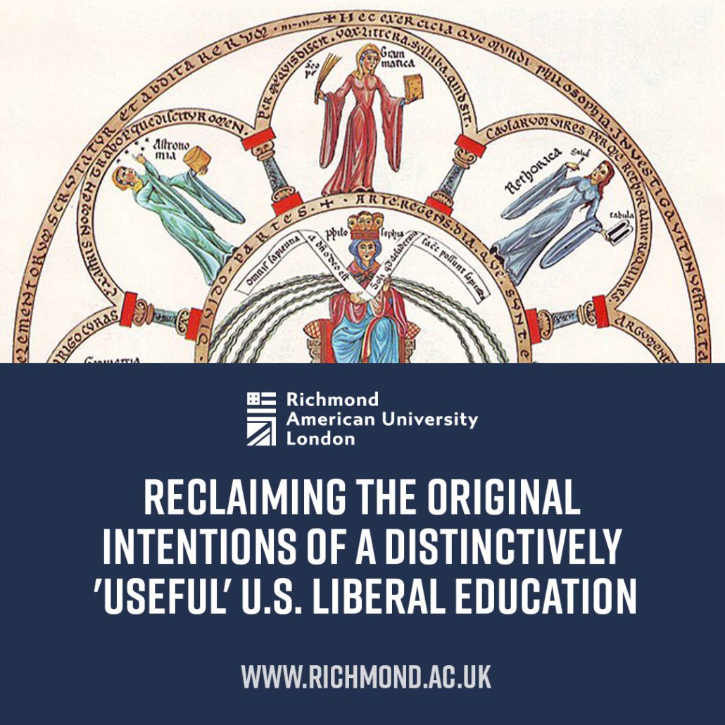 An advertisement from Richmond American University London features a medieval manuscript illustration with figures representing educational virtues around a seated person.