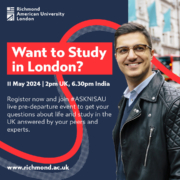An advertisement featuring a smiling person, promoting a study event for Richmond American University London, with event details and registration instructions.
