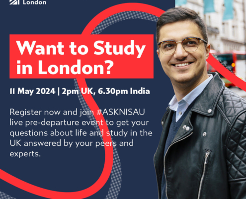 An advertisement featuring a smiling person, promoting a study event for Richmond American University London, with event details and registration instructions.