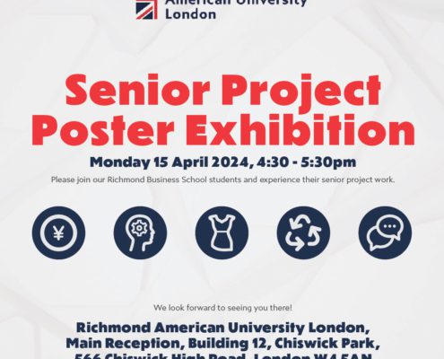 This is a promotional poster for Richmond American University London's Senior Project Poster Exhibition scheduled for Monday, 15 April 2024, from 4:30 to 5:30 pm.