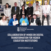 Group of people posing with certificates, representing a collaboration on digital transformation for higher education at Richmond American University London.