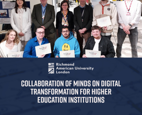 Group of people posing with certificates, representing a collaboration on digital transformation for higher education at Richmond American University London.