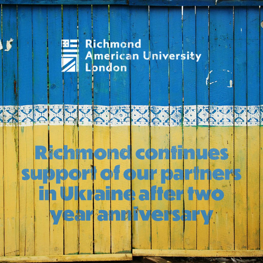This image shows a blue and yellow container with text indicating Richmond American University London's continued support for partners in Ukraine after two years.