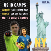 The image is an advertisement with two people, sporting gear, dates for "US ID CAMPS," and the Statue of Liberty, indicating a New York location.