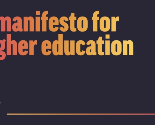 The image displays bold text "A manifesto for higher education" on a dark background with "INDEPENDENT HIGHER EDUCATION" and the year "2024" at the bottom.
