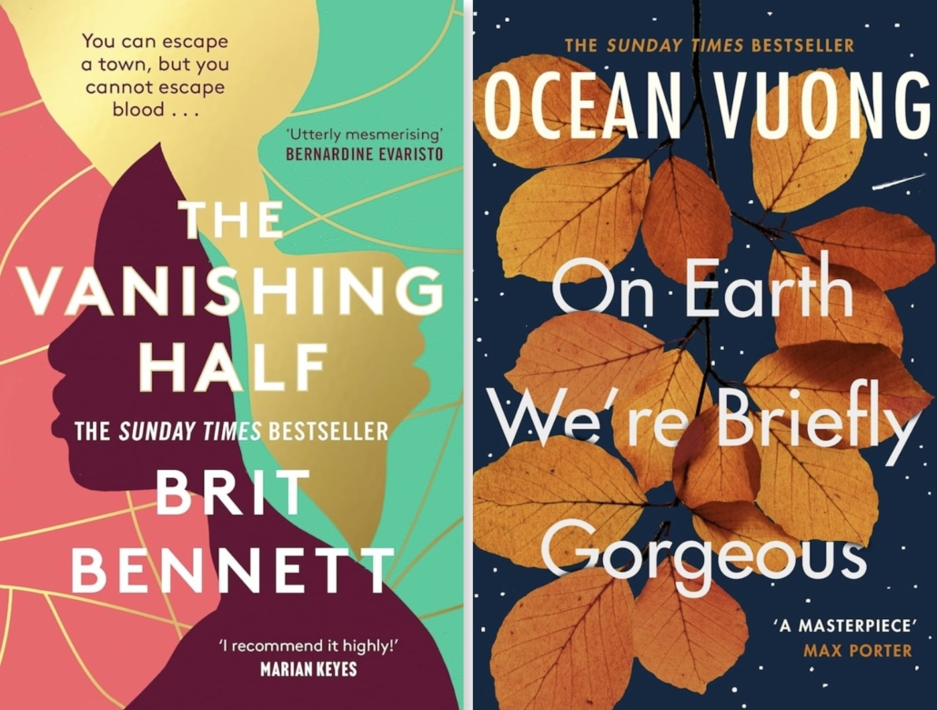 This image showcases two book covers: "The Vanishing Half" by Brit Bennett and "On Earth We're Briefly Gorgeous" by Ocean Vuong, both acclaimed as bestsellers.