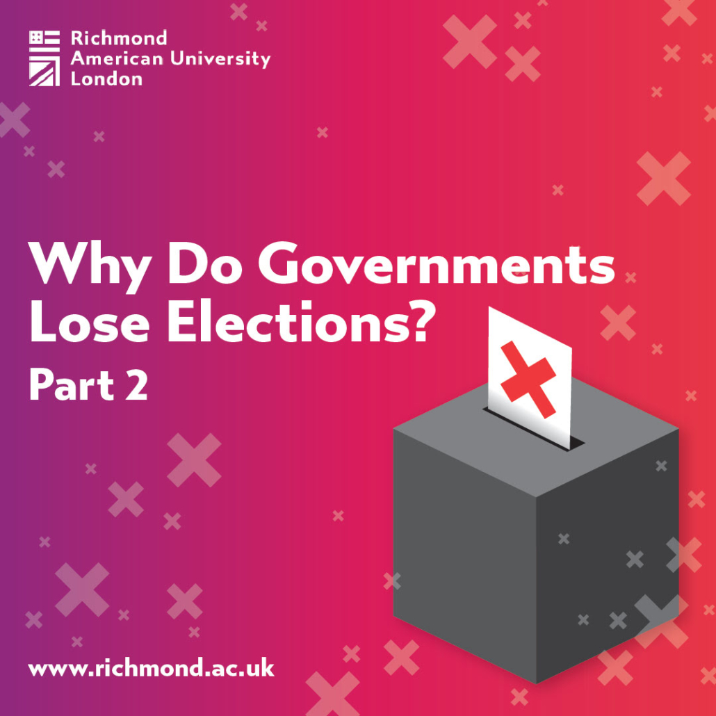 The image features a graphic with text "Why Do Governments Lose Elections? Part 2" over a red background, symbolized by a ballot box and a voting paper with a cross.