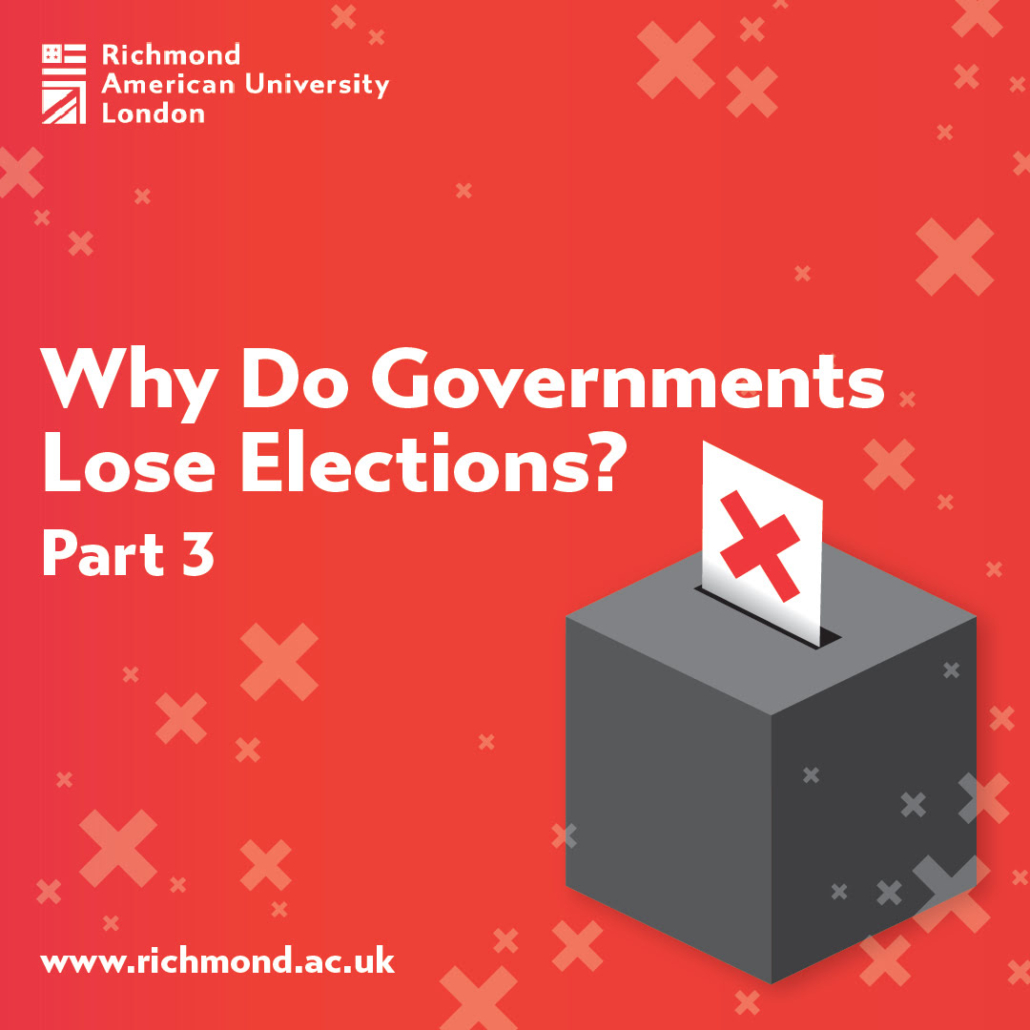 Graphic with text "Why Do Governments Lose Elections? Part 3" featuring a gray ballot box and a white vote with a red cross on a red background with lighter crosses.