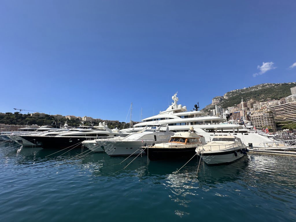 This image shows a scenic marina with multiple luxury yachts docked in calm blue waters, with buildings terraced up a hill under a clear sky.