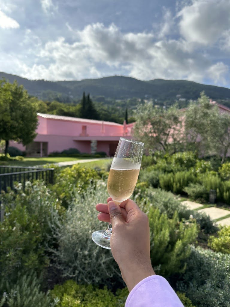 A person holds a glass of bubbly liquid, with a lush garden and pink building in the background, under a partly cloudy sky.
