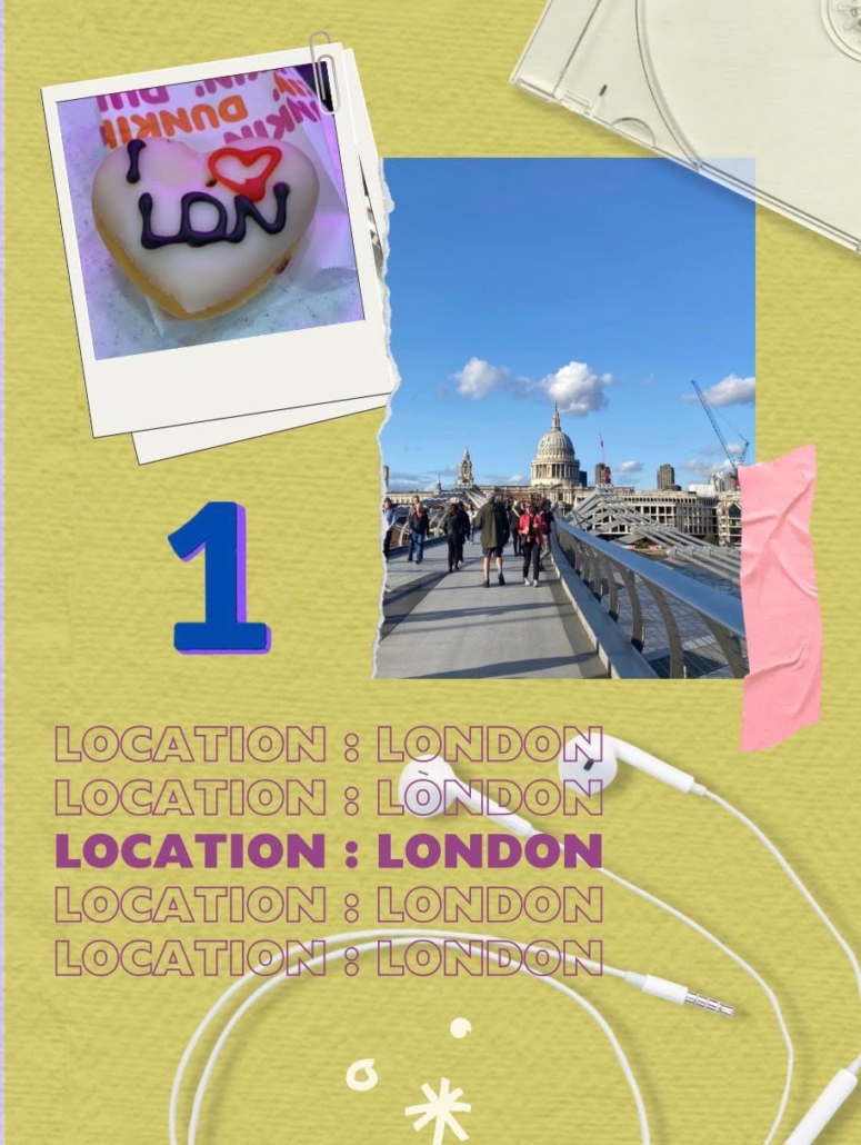 A collage with a donut, people on a bridge, and "LOCATION: LONDON" repeated text. There's an earphone, sticky note, and a blue arrow on a yellow background.