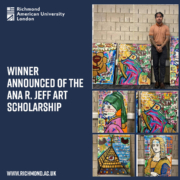 An announcement from Richmond American University London celebrates the winner of the Ana R. Jeff Art Scholarship, featuring colorful artwork and a person.