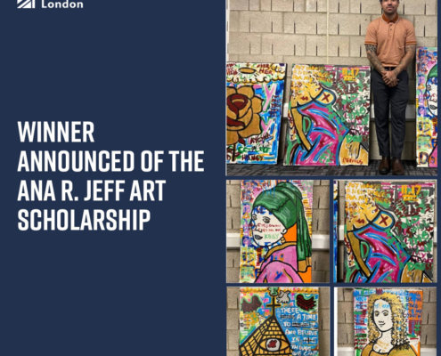 An announcement from Richmond American University London celebrates the winner of the Ana R. Jeff Art Scholarship, featuring colorful artwork and a person.