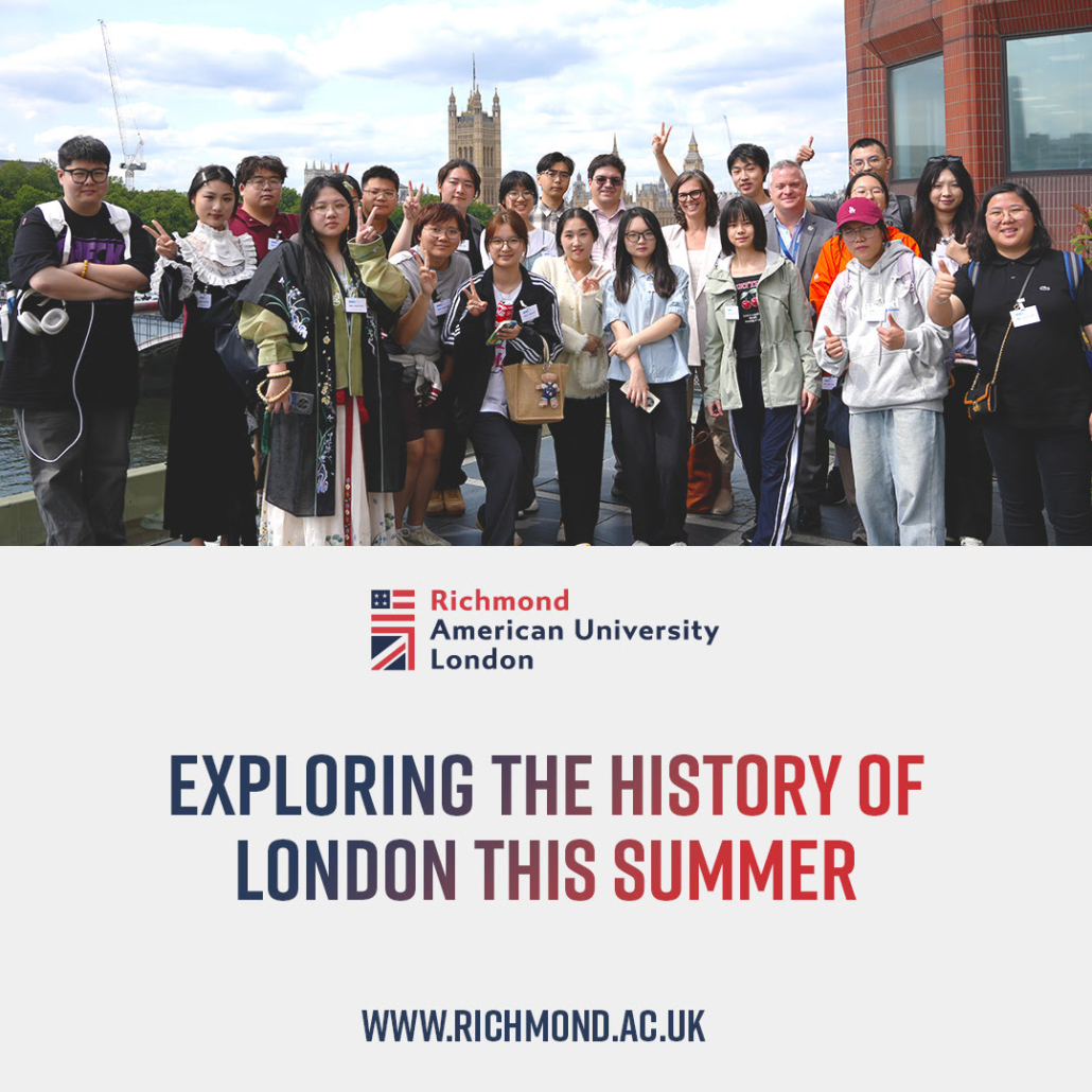 Group of individuals posing cheerfully near a river, with text promoting history exploration in London this summer by Richmond American University.