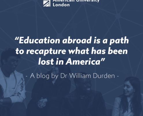 This image features three smiling people with a quote about education abroad, attributed to Dr. William Durden, from Richmond American University in London.