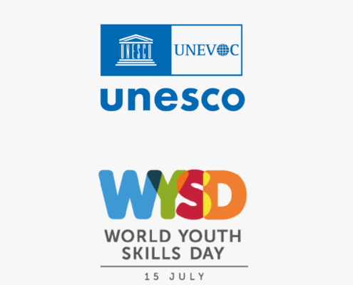 The image shows two logos for UNESCO and World Youth Skills Day, highlighting colorful text and design elements, with the date July 15.