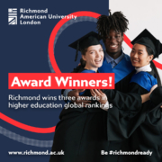 Three graduates in caps and gowns are joyfully embracing. Text celebrates Richmond American University London's awards in higher education rankings. Hashtags and web address included.