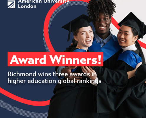 Three graduates in caps and gowns are joyfully embracing. Text celebrates Richmond American University London's awards in higher education rankings. Hashtags and web address included.