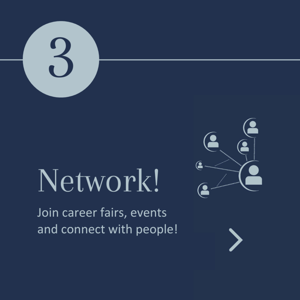 The image displays a dark background with white and light blue text, number 3, iconographic people connected by lines, and advises joining career fairs to network.
