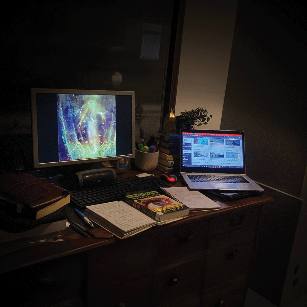 Desk with two computer screens, open books, and notes. Displays magazine titled "Gamesmaster Yearbook 1993" and various stationery items. Cozy, focused workspace.