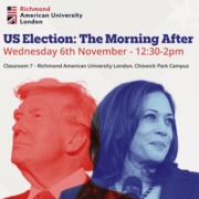 Richmond American University London event poster featuring two silhouetted people discussing the US election, scheduled for November 6th at Chiswick Park Campus.