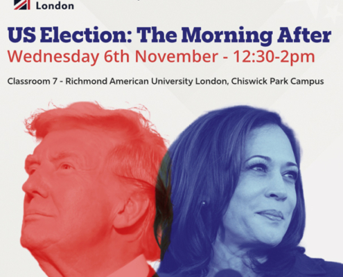 Richmond American University London event poster featuring two silhouetted people discussing the US election, scheduled for November 6th at Chiswick Park Campus.