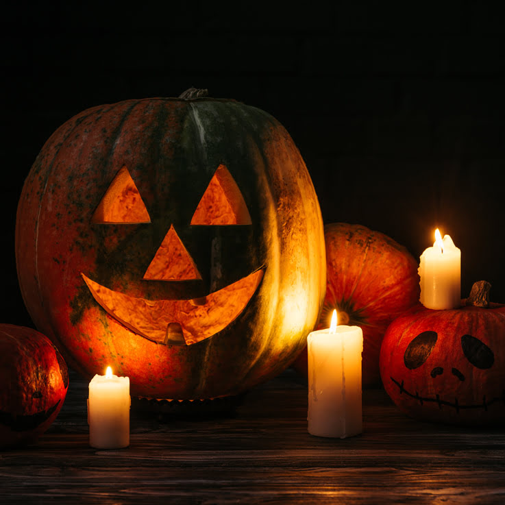A carved jack-o'-lantern surrounded by two other pumpkins and three lit candles against a dark background, creating a spooky atmosphere.