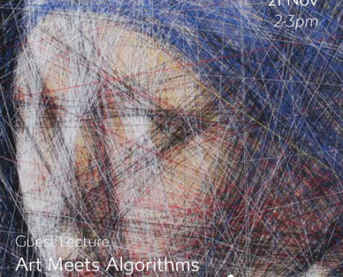 Abstract art of a person's face with intersecting lines. Text announces a guest lecture "Art Meets Algorithms" by David Meyer on November 21.