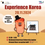 Cartoon kimchi character promotes "Experience Korea" event on 20.11.2024 at Richmond American University London. Features kimjang workshop with cultural elements.