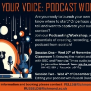 Promotional image for podcast workshops featuring a person with headphones, microphone, and digital tools, emphasizing content creation, dates, and contact information.