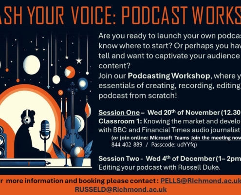 Promotional image for podcast workshops featuring a person with headphones, microphone, and digital tools, emphasizing content creation, dates, and contact information.