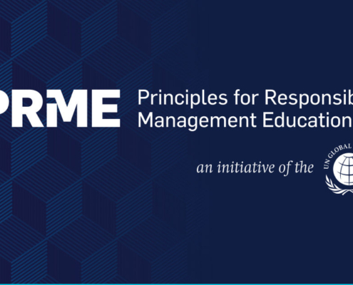 Dark geometric background featuring "PRME: Principles for Responsible Management Education," with UN Global Compact logo, emphasizing educational initiative.