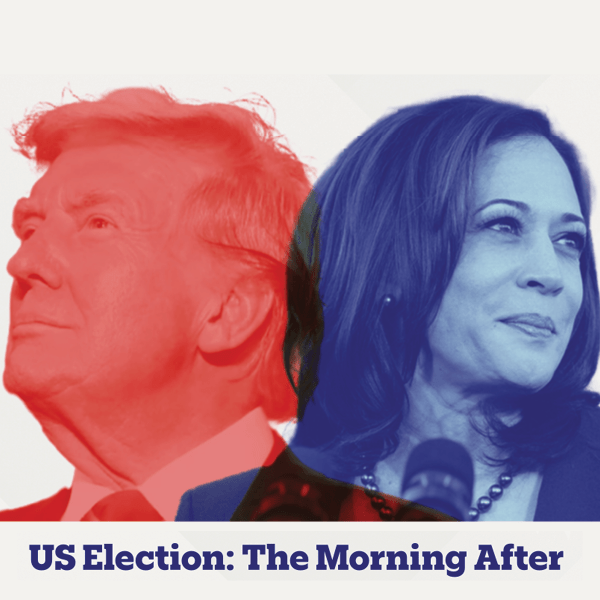 Two persons in red and blue tones with "US Election: The Morning After" text below, highlighting political themes.