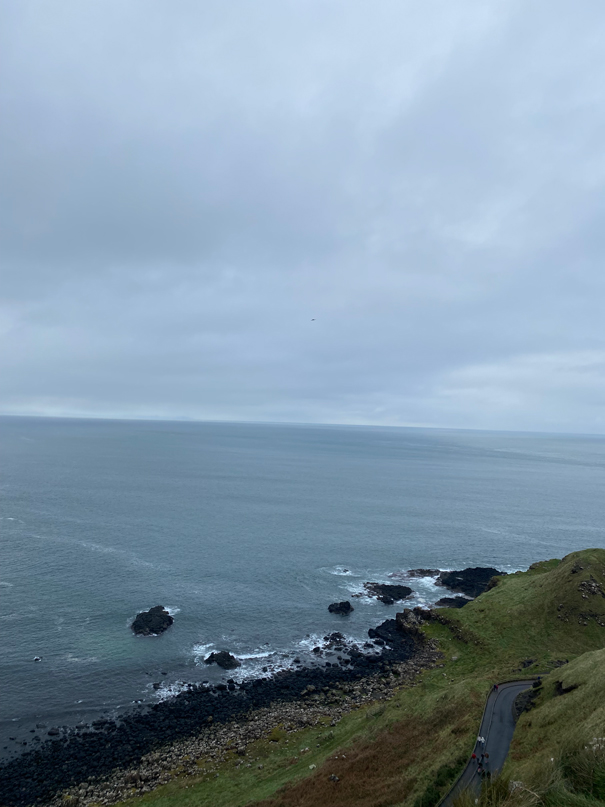Coastal landscape with rocky shoreline, grassy cliff, and cloudy sky. A path winds through the greenery with people walking along it.