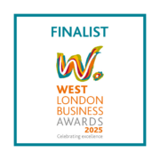 The image is a colorful logo for the West London Business Awards 2025, featuring the word "FINALIST" and the slogan "Celebrating excellence."
