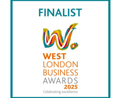 The image is a colorful logo for the West London Business Awards 2025, featuring the word "FINALIST" and the slogan "Celebrating excellence."