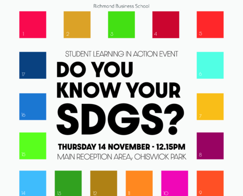 Colorful educational event poster titled "Do You Know Your SDGs?" hosted by Richmond Business School, promoting sustainability at Chiswick Park, November 14.