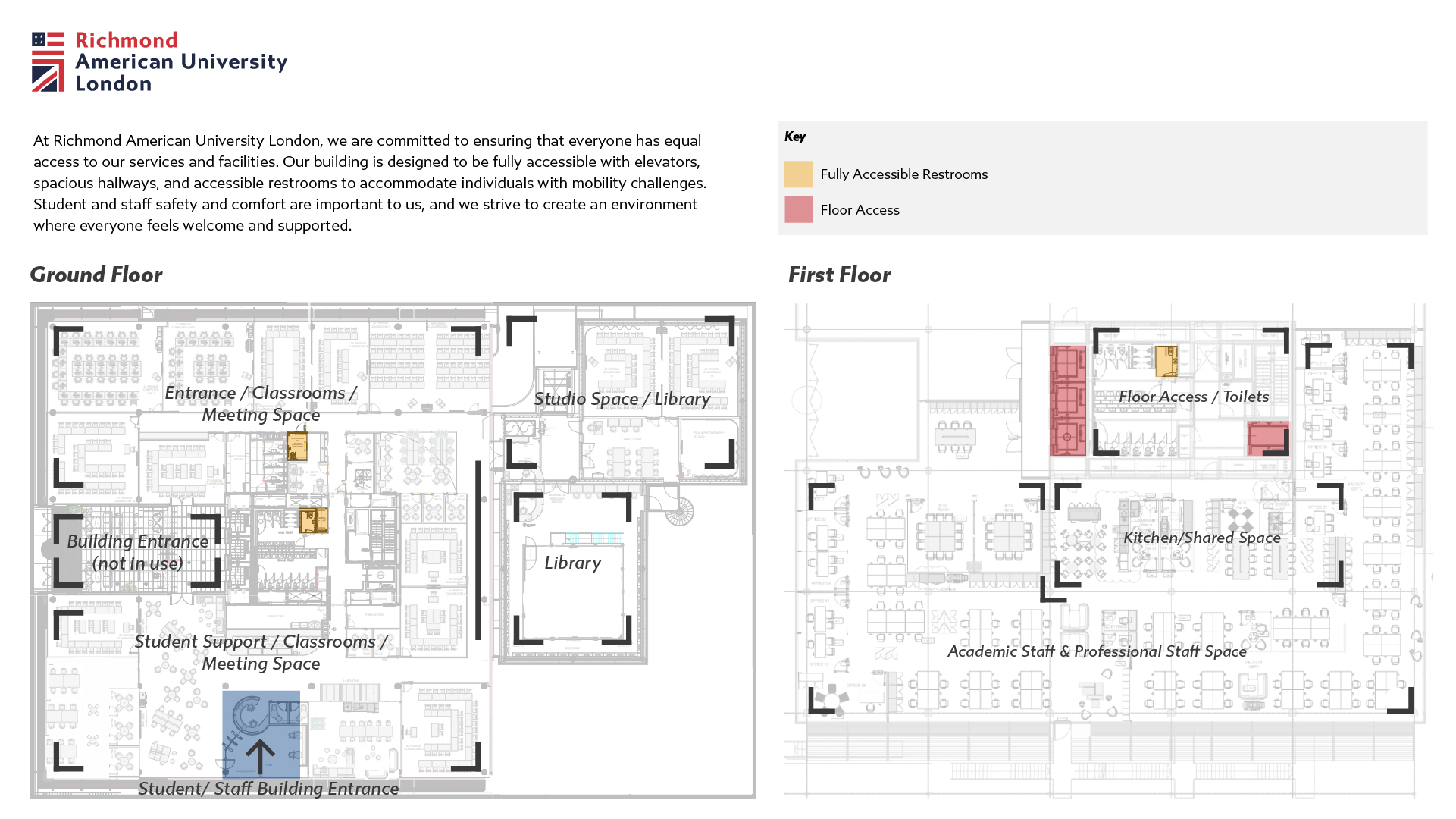 Floor plan of Richmond American University London showing entrances, classrooms, library, accessible restrooms, and shared spaces on two floors.