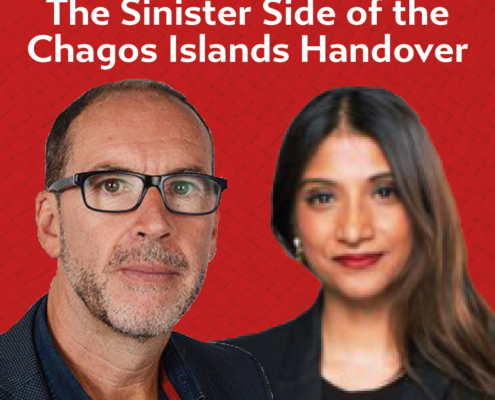 Two people in a red-themed image discussing "The Sinister Side of the Chagos Islands Handover," featuring text with no visible landmarks or historical buildings.