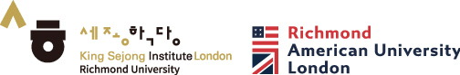 Logos of King Sejong Institute London and Richmond American University London, featuring Korean and British flags with stylized symbols and text.
