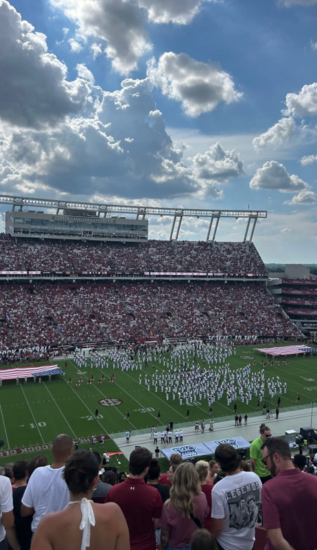 Crowded football stadium with a marching band performing on the field. Spectators in foreground, fluffy clouds in the blue sky above.