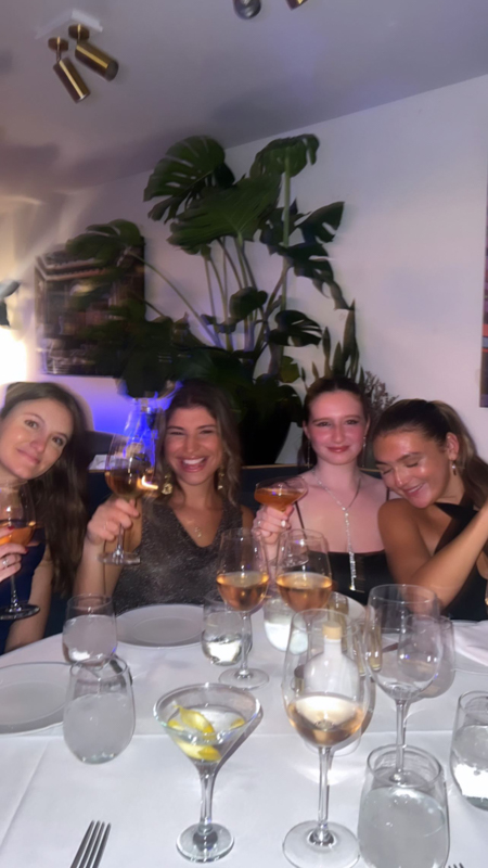 Four people sit at a table with drinks, smiling and raising their glasses. There's a large plant in the background.