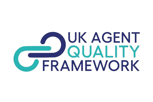Logo of UK Agent Quality Framework featuring interlinked blue and teal chains, representing collaboration and quality standards in UK agency operations.