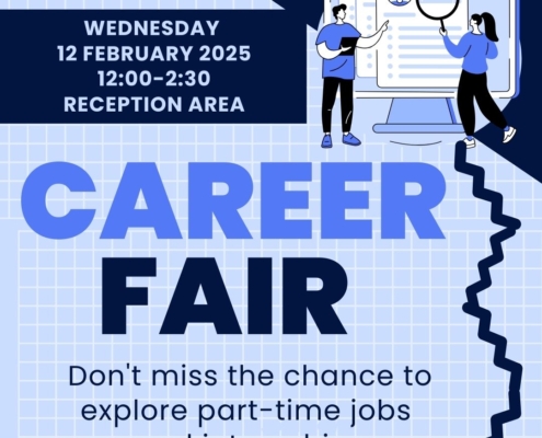 Career Fair event poster for February 12, 2025, featuring two illustrated people and information on jobs and internships in bold blue text.