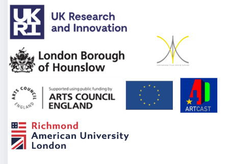 Logos of UK Research and Innovation, London Borough of Hounslow, Arts Council England, EU, Artcast, Richmond American University London, International Visual Arts and Culture.