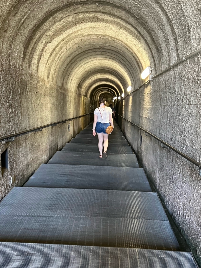 A person walks down a tunnel with arched ceilings, illuminated by lights on the walls, creating a linear perspective effect.