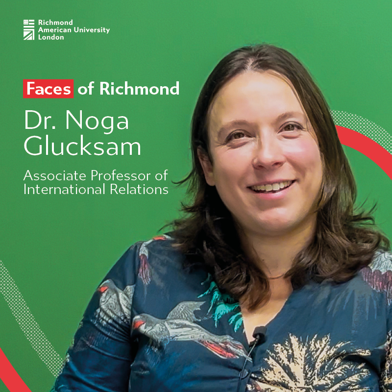 A person smiling in front of a green background with text about Richmond American University London and an associate professor’s details.