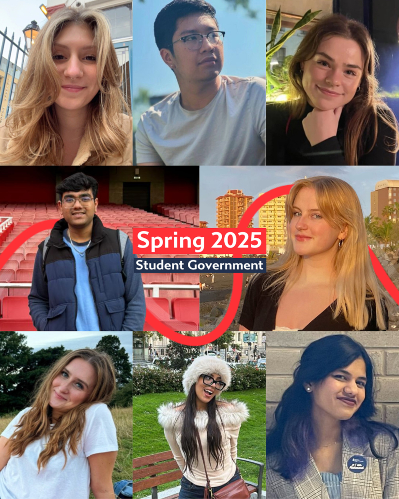 A collage of seven people, each smiling. Text reads "Spring 2025 Student Government." Background features buildings and a stadium with red seats.