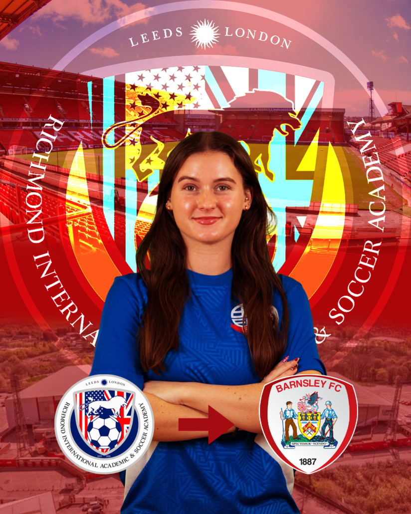 A person in sports attire stands with arms crossed. Richmond International Academic & Soccer Academy and Barnsley FC logos are visible, stadium background.